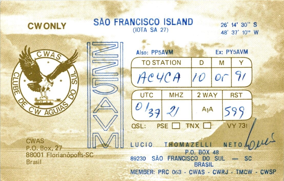 VTG HAM RADIO CQ QSL QSO CARD ZZ5AVM SAO FRANCISCO ISLAND BRASIL 1991