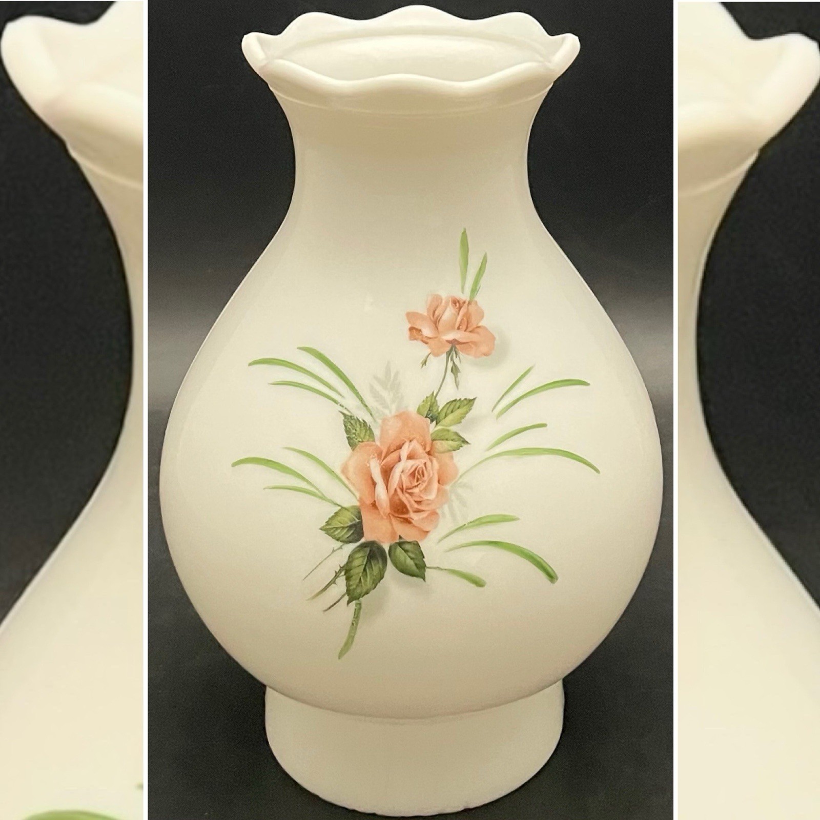 Milk Glass Pink Roses Ruffled Hurricane Oil Lamp Chimney 3” Fitter USA 7" tall