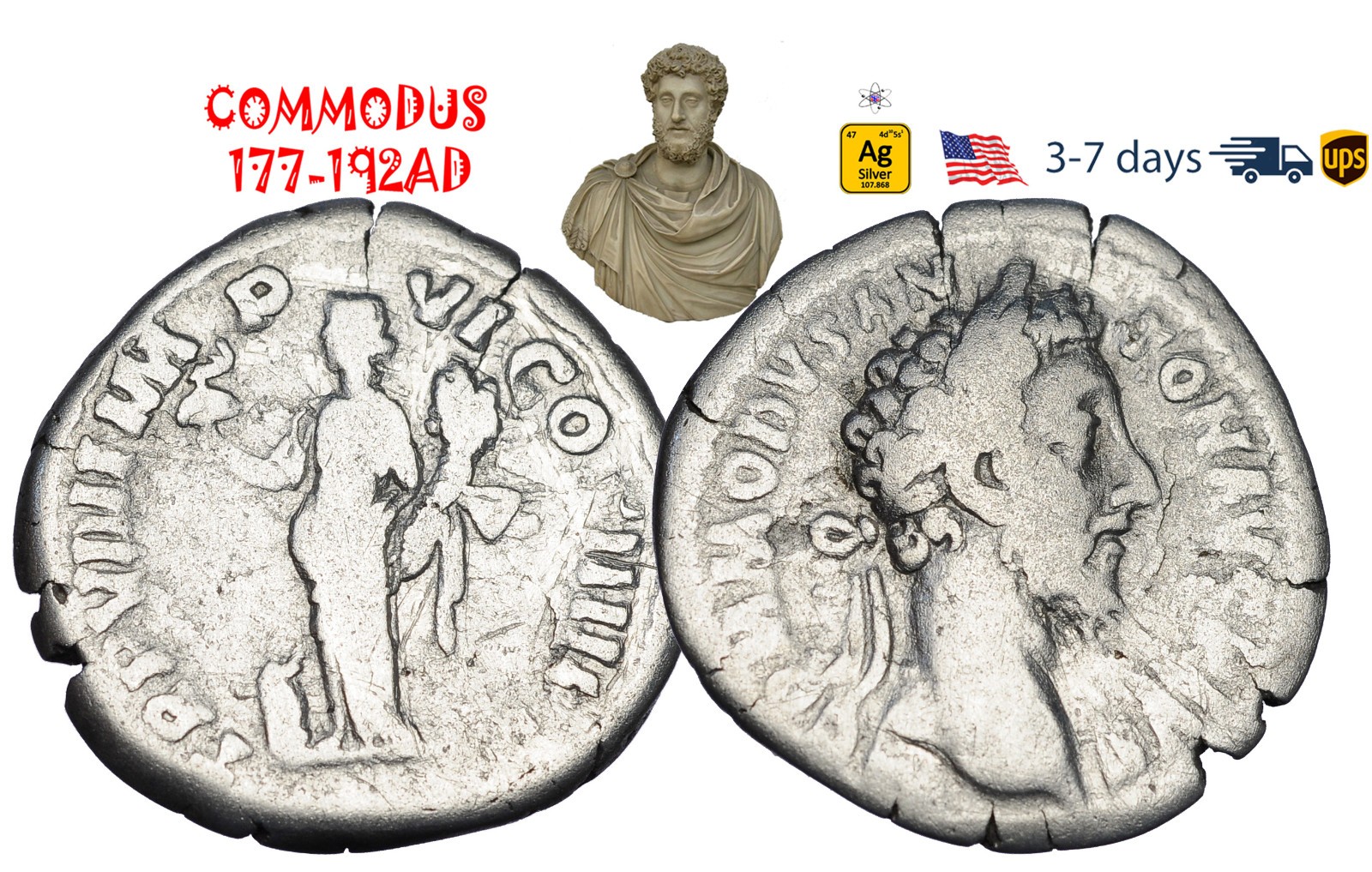 Ancient Roman Empire Coin Silver Denarius COMMODUS 177 - 192 AD Authentic #33529