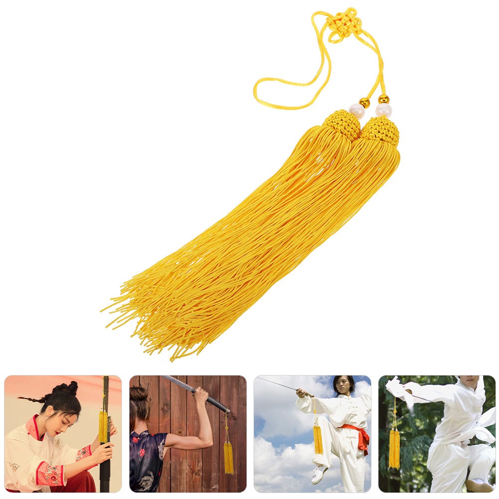  2 Pcs Yellow and Checkered Tassels Chinese Knot Lanyard Ethnic Decoration