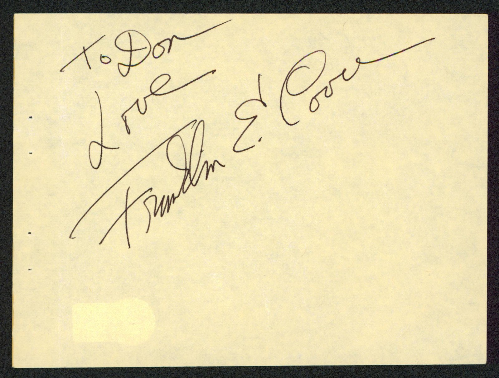 Franklin Cover "To Don Love" Authentic Signed 4.5x6 Cut Signature BAS #BV59001
