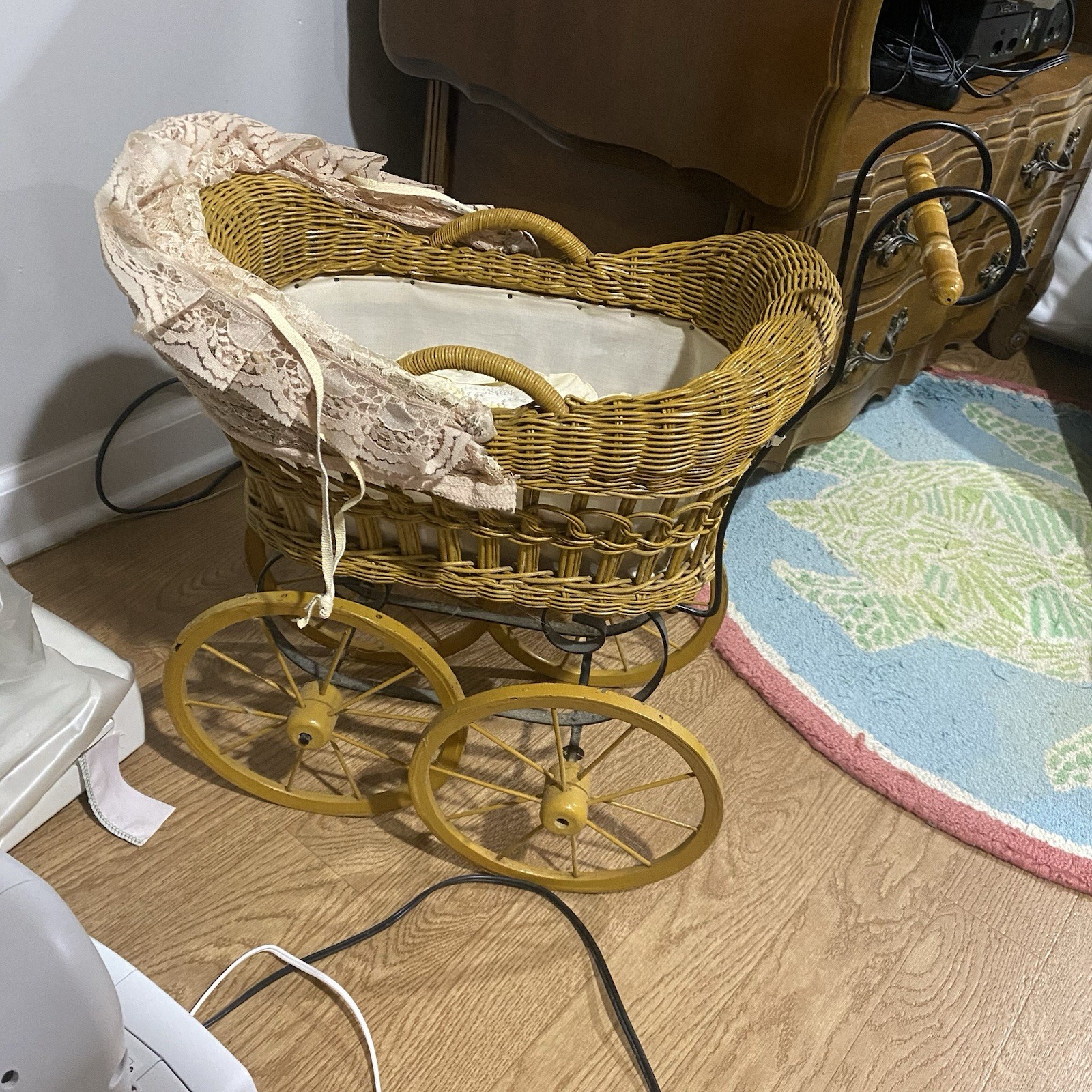 Vintage Large Baby Doll Carriage Buggy Lace Canopy Fabric Liner Wicker Metal