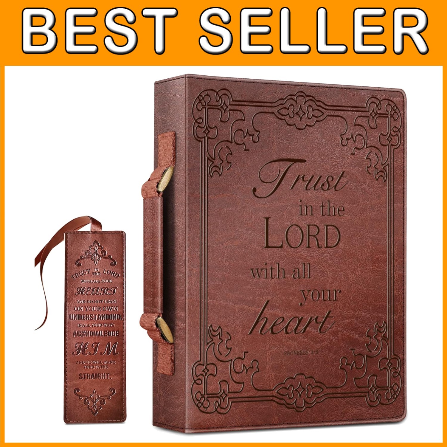 Classic  Leather Bible Cover with Handle, Brown