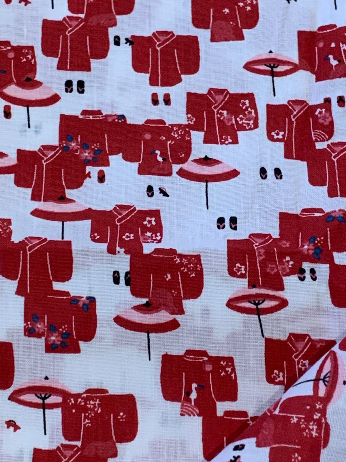 BRAND NEW! Cut Fabric Red Kimonos and Parasols 100% Cotton, 55” x 44”