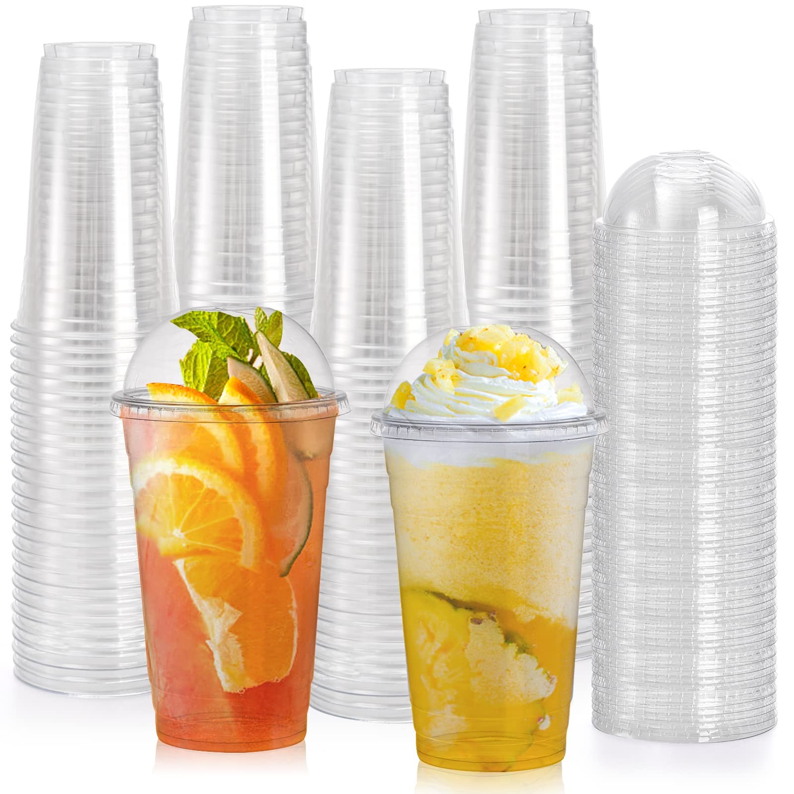 100 Pack 24 Oz Plastic Cups with Dome Lid and Hole, Disposable Clear Drinking...