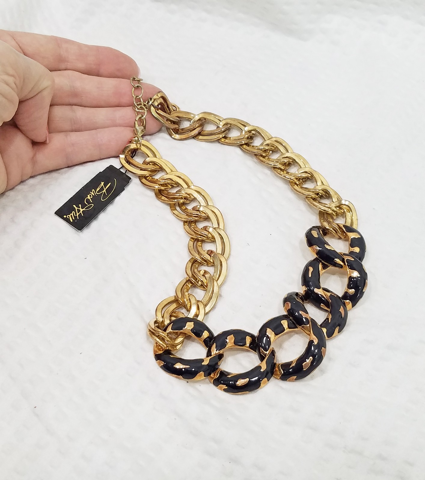 Vintage Signed Birch Hill Chunky Black Enamel Goldtone Curb Link Choker Necklace