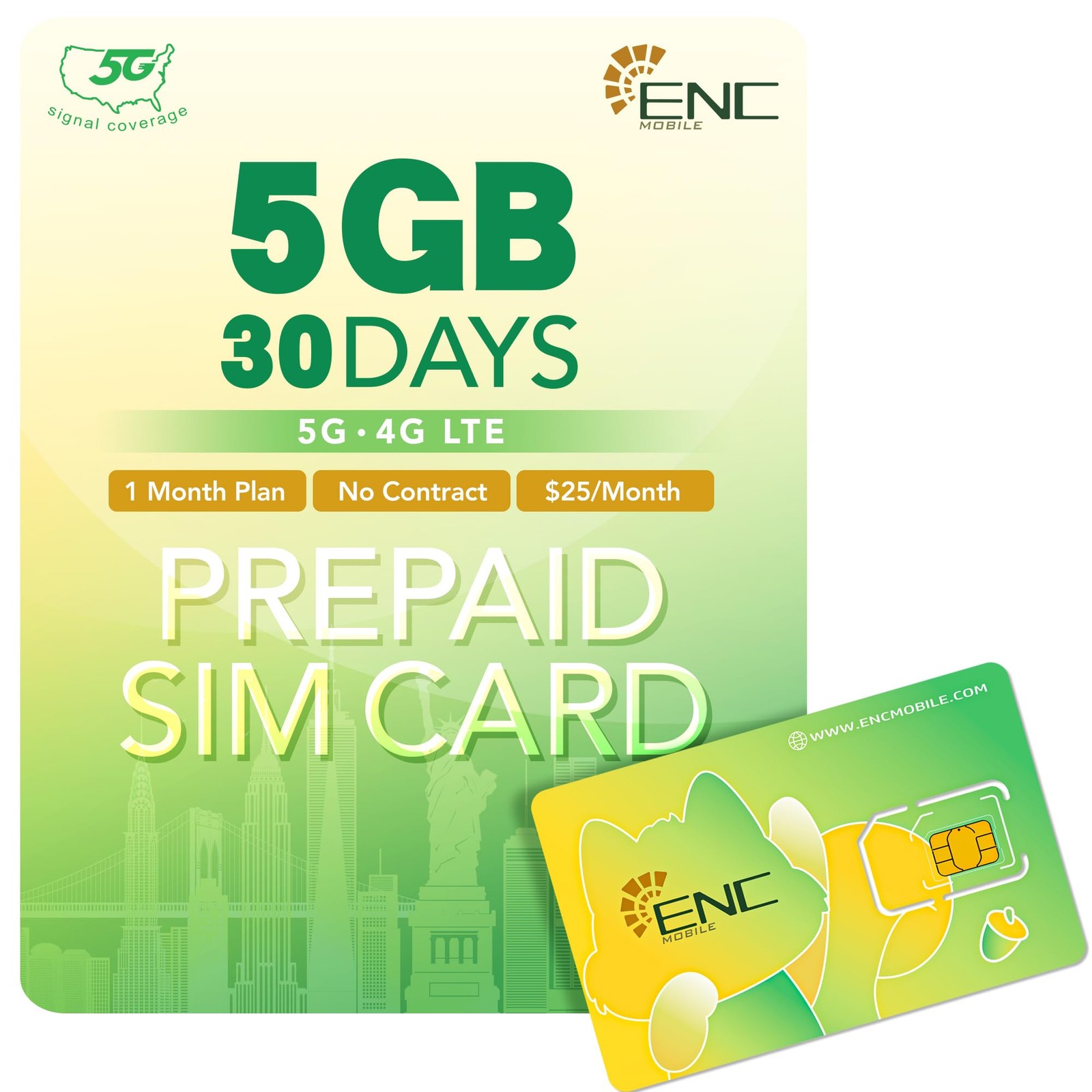 Prepaid SIM Card USA - 5GB 5G/4G LTE Data, Dual US/China Number - $25/mo