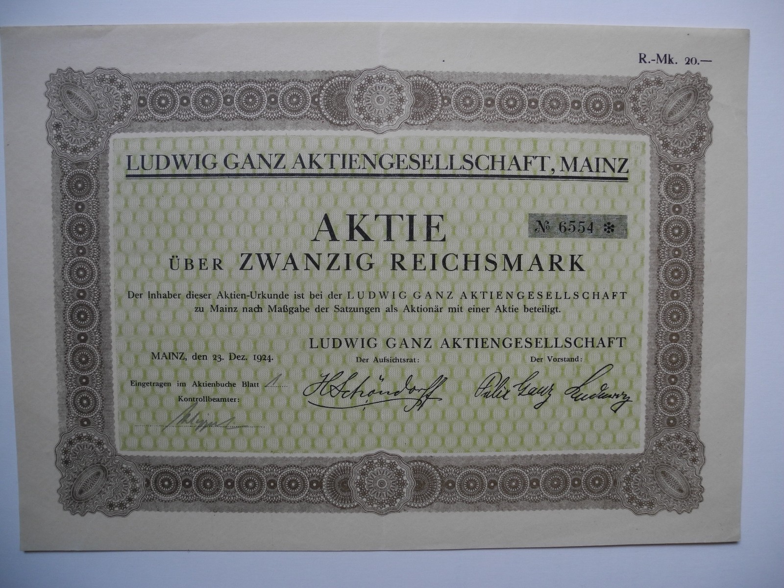 Ludwig Ganz AG in Mainz/20 RM/1924/Unpunched