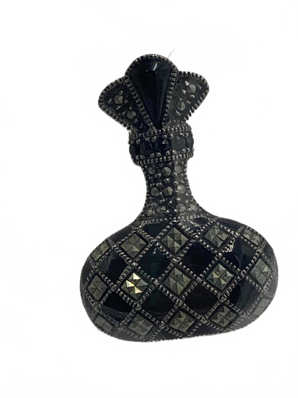 Judith Jack Sterling Silver 10g Marcasite & Onyx Bottle/Flask 1.5" Fine Brooch