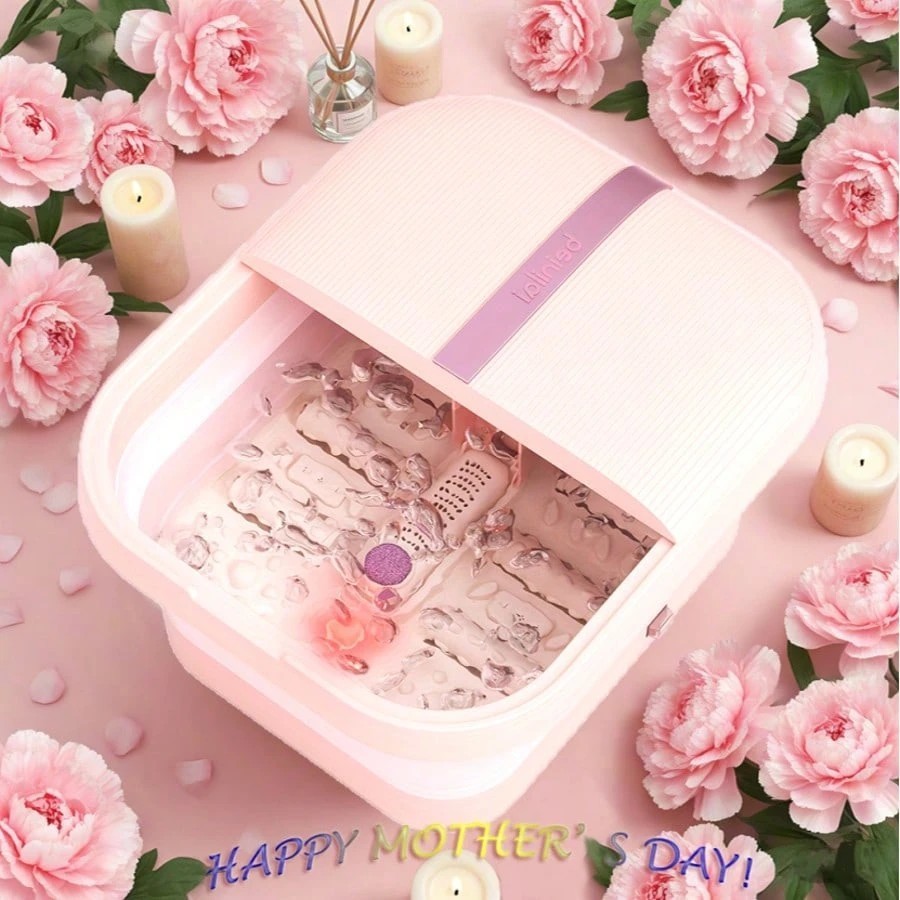 Foldable Foot Spa Bath Tub Massager w/ Heat Bubbles Vibration 6 Rollers Pumice