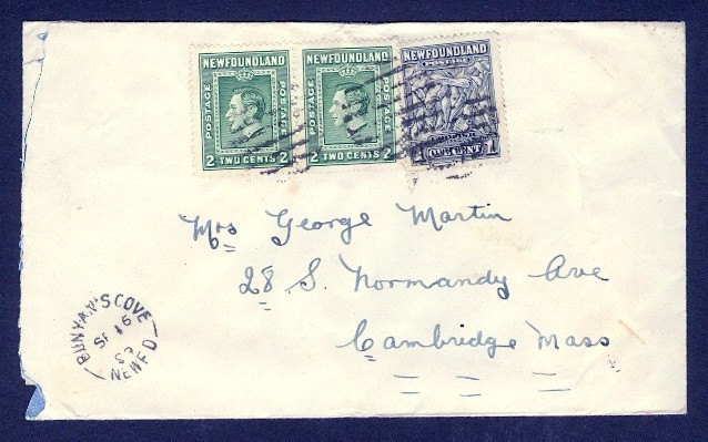 NEWFOUNDLAND SEPT 22 1939 BUNYAN'S COVE LARGE CENSOR LABEL TO USA