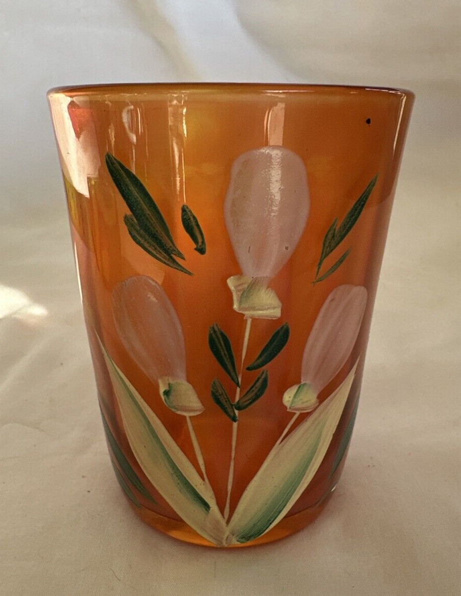 Antique Carnival Glass Enameled Hand painted Water Tumbler Marigold Freesia