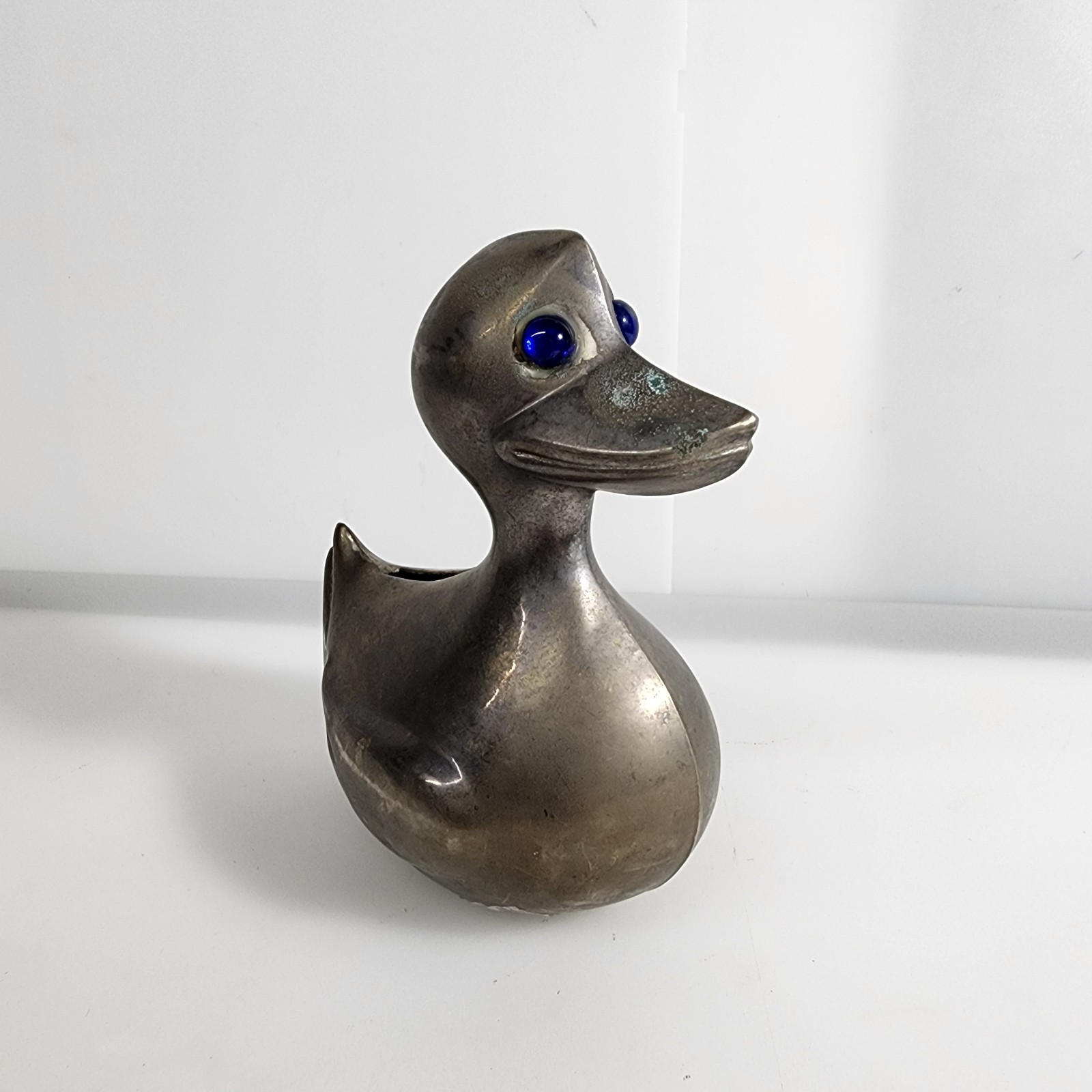 Vintage Leonard Silver Plated Duck Coin Piggy Bank Blue Eyes With Key!