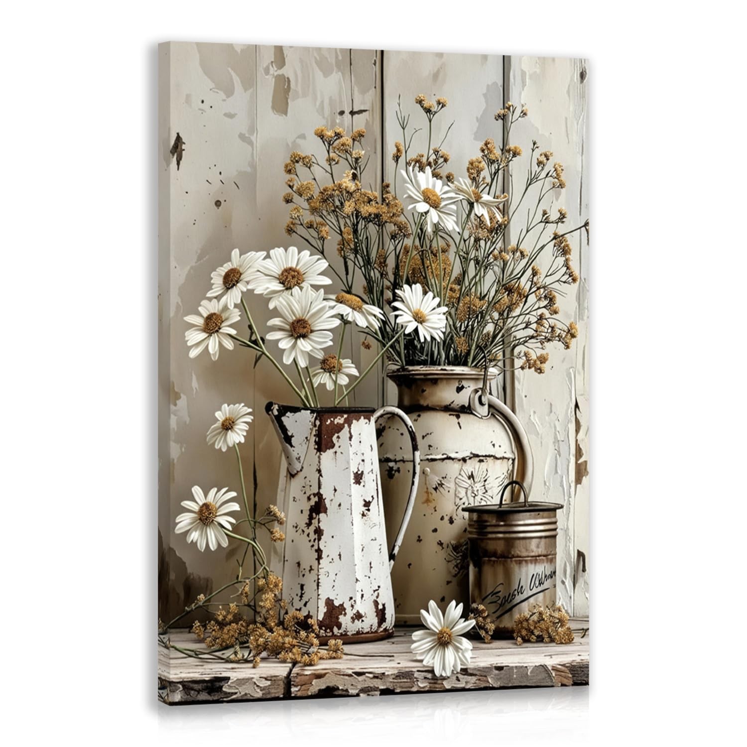 Hianan Framed Daisy Floral Wall Art, Vintage Rustic Farmhouse Wildflower Wall...