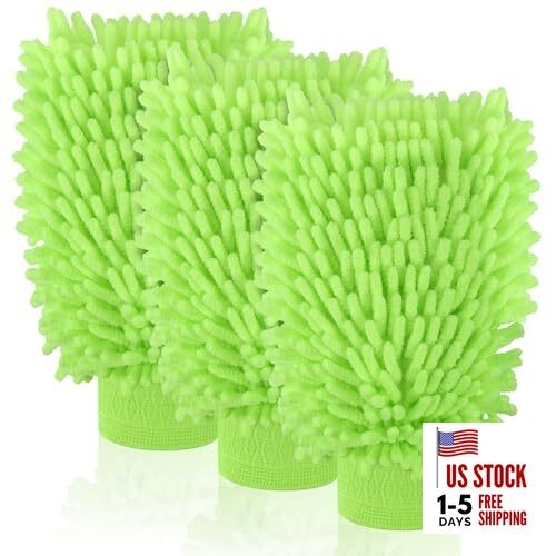 3 Pack Chenille Microfiber Car Wash Mitt, 7" x 9.6" Car Washing Mitts, Green