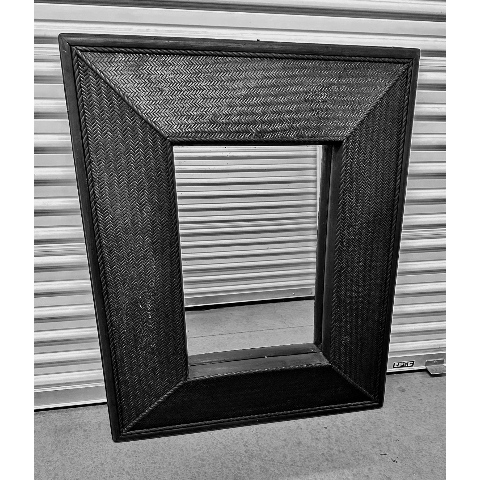 Vintage Italian Black Ebonized Woven Rattan Rectangular Sculptured Shelf Mirror