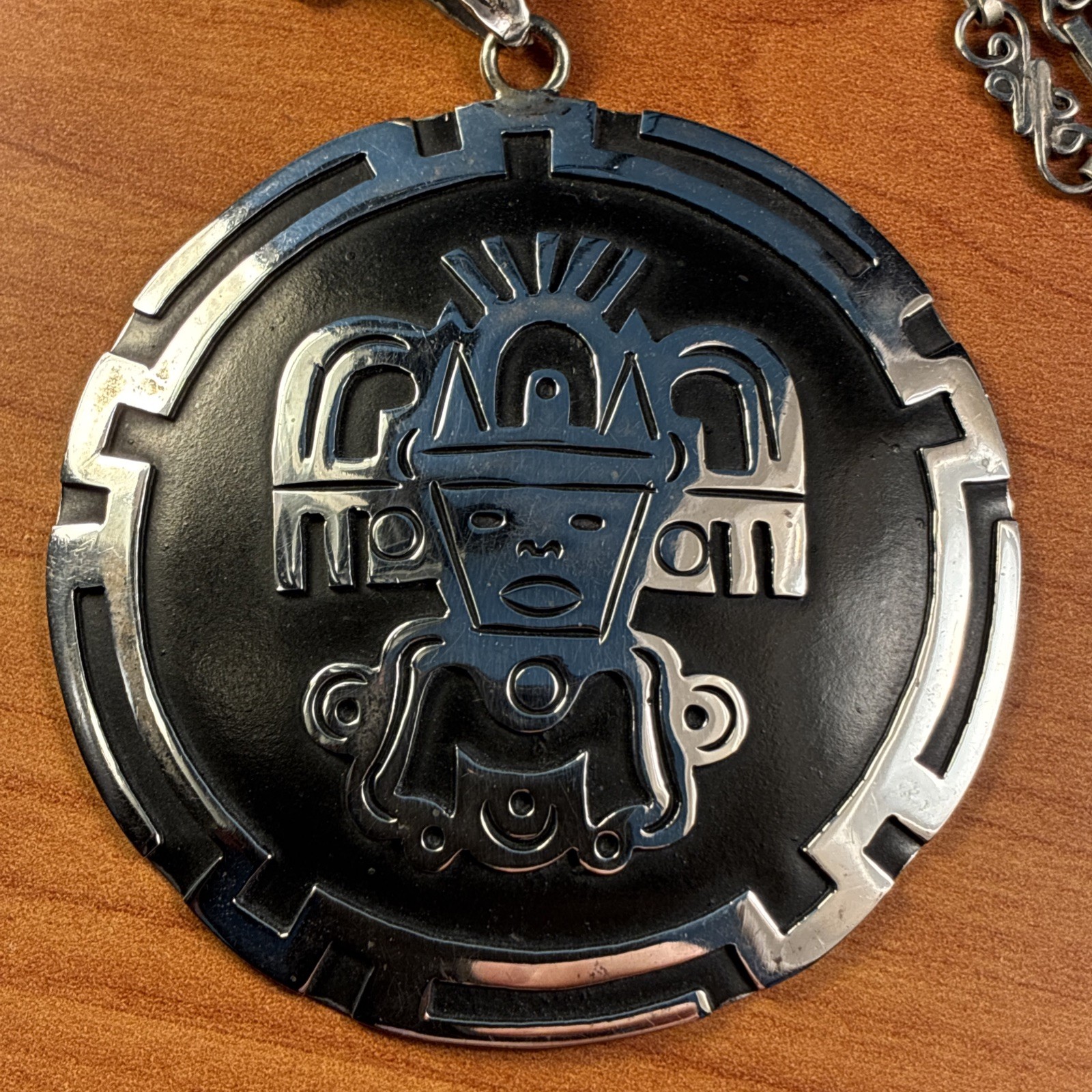 Vintage Mexican Eagle Mark Aztec Deity  Sterling Silver Large Pendant