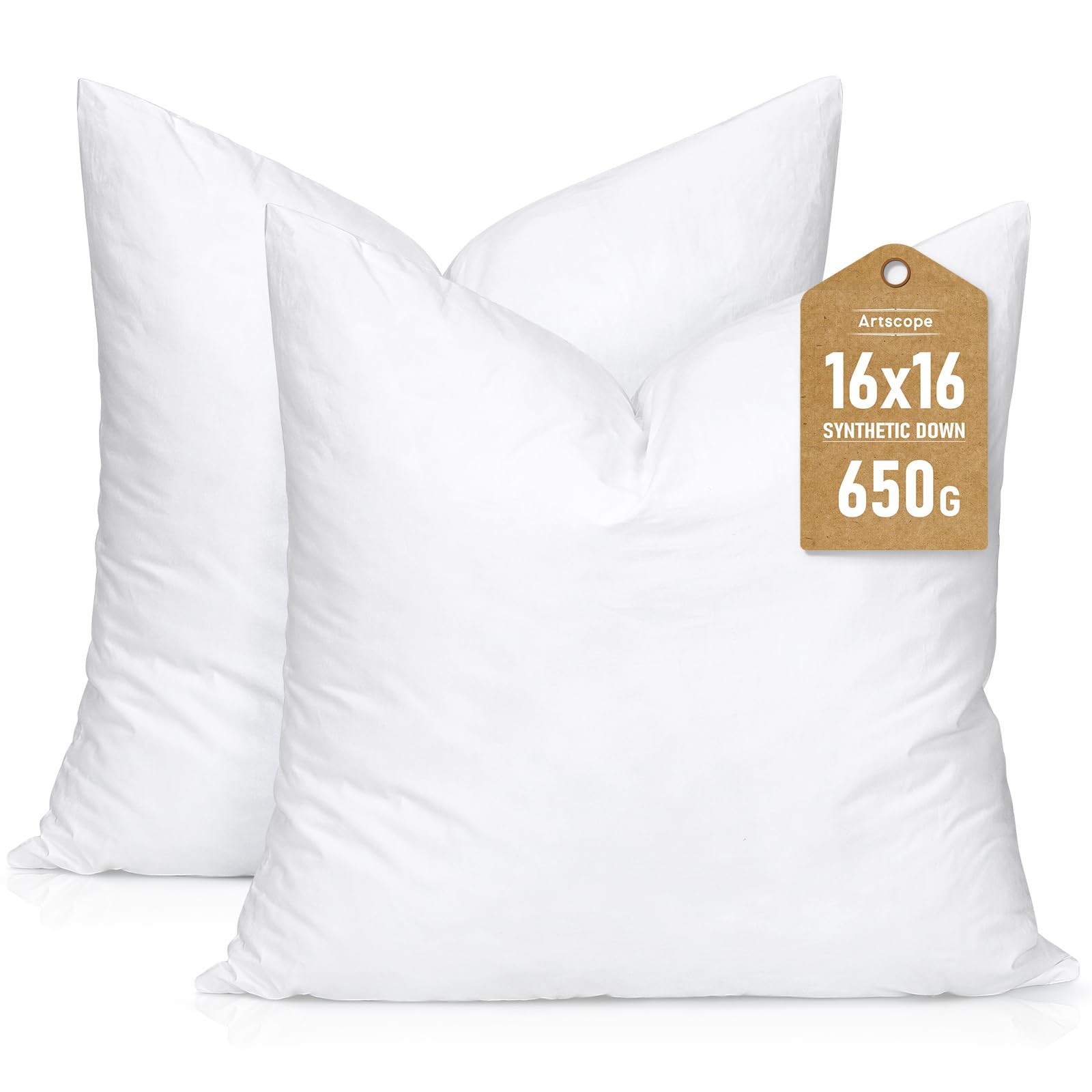Artscope Synthetic Down Pillow Insert, 16x16 Inch (Pack of 2), White 