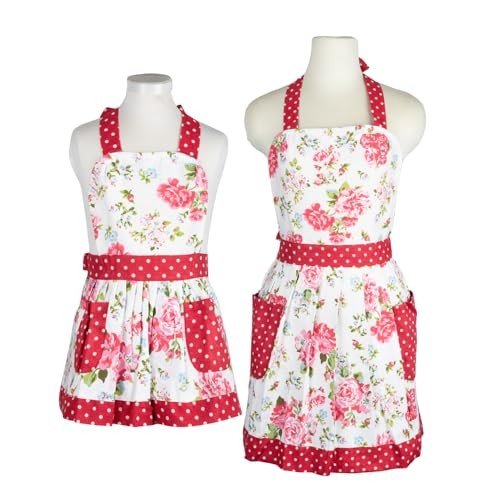  Cooking Aprons with Pockets for Mama and Me, Parent and Floral Lollipop Red