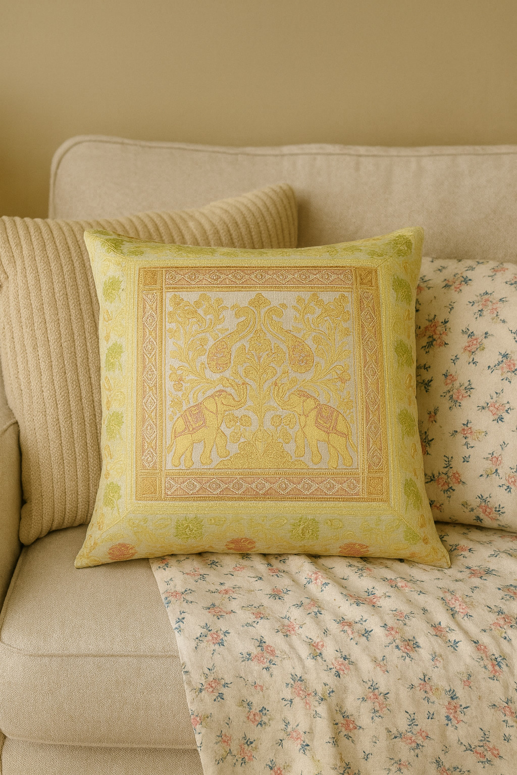 Set Of 4 Pastel Brocade Cushion Cover with Elephant & Peacock Motifs Elegant