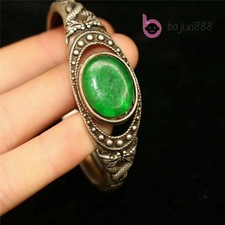 Chinese Retro Tibetan Silver Handcarved Dragon Inlay Greenstone Amulet Bracelet