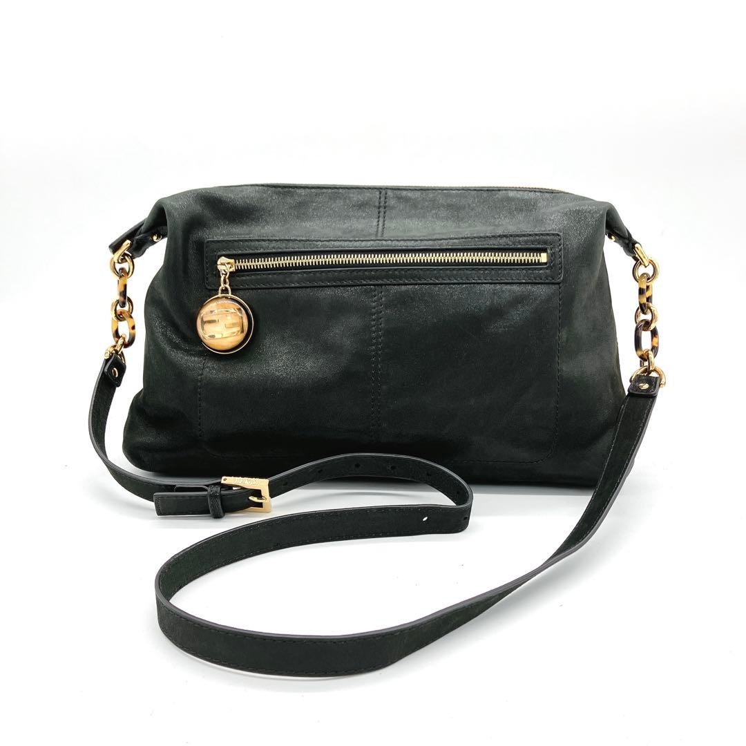 FENDI Suede Crossbody Shoulder Bag Black Gold Hardware Vintage Used From Japan