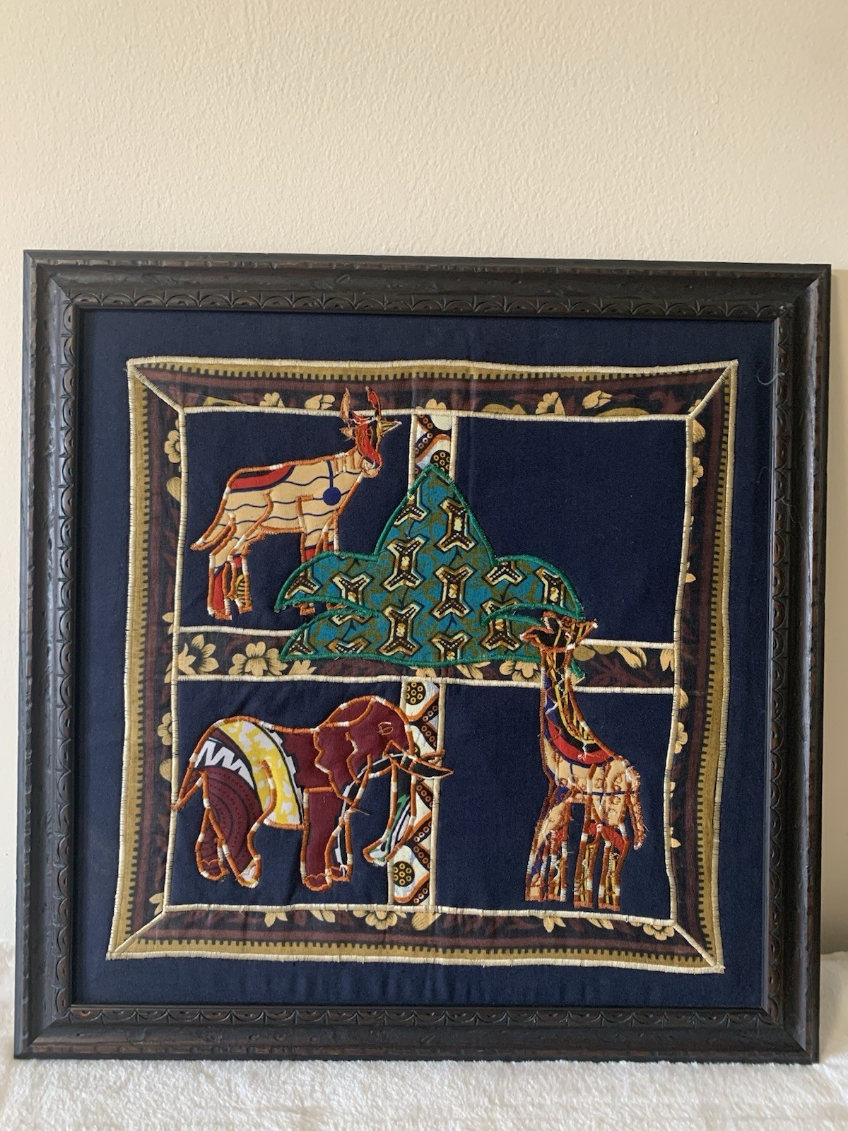 Antique  Rare African Art Embroidered Fabric Wall Animals Handmade Custom Framed