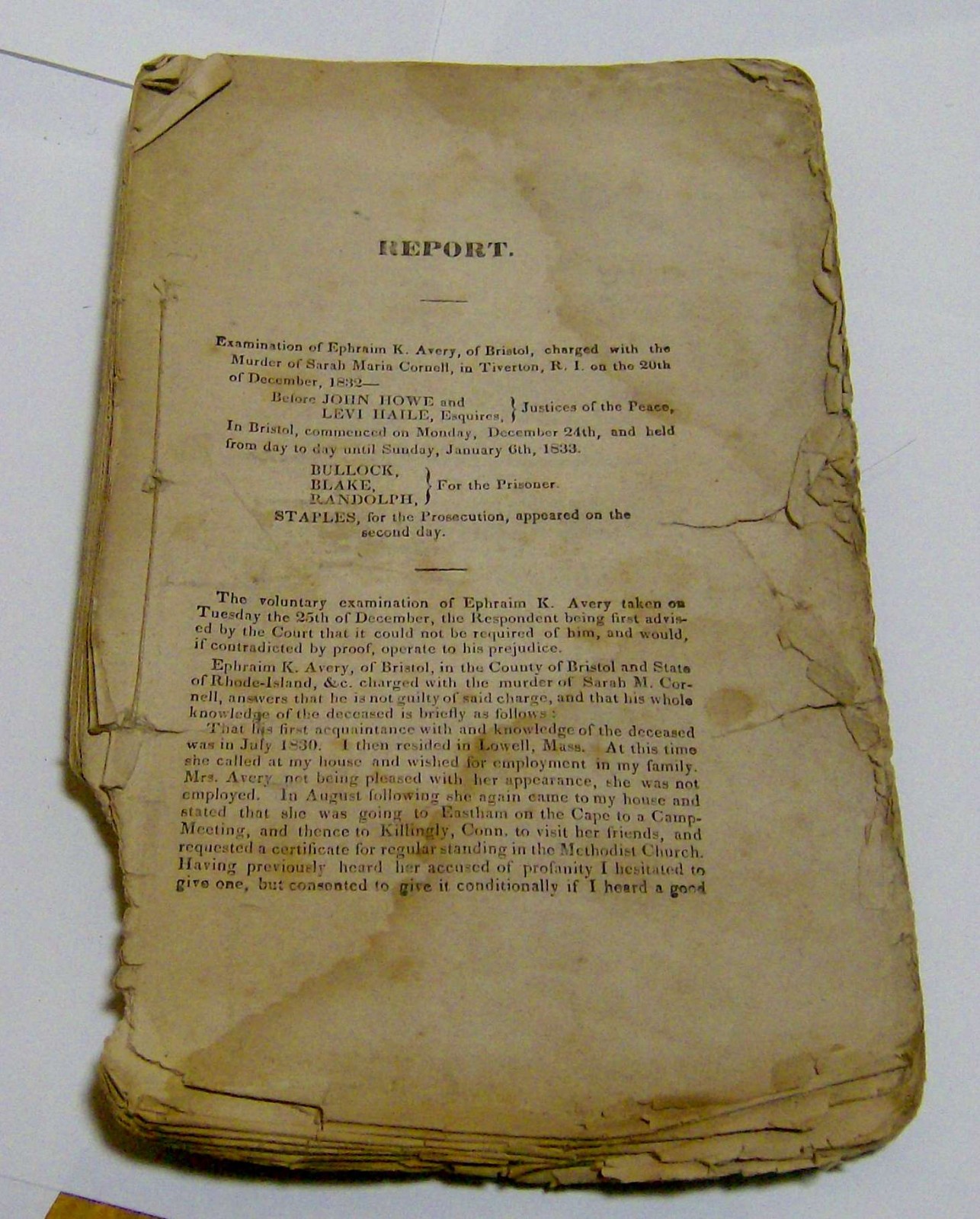 antique 1834 manuscript PAMPHLET Report Ephraim K. Avery MURDER TRIAL Testimony