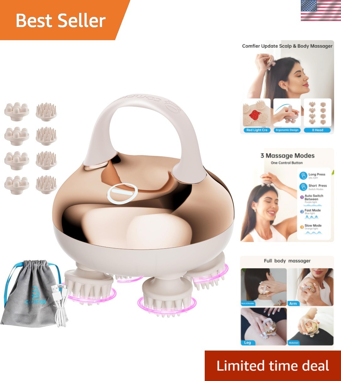 Cordless Scalp Massager with 3 kneading Modes, Gifts,Waterproof Head Massage ...