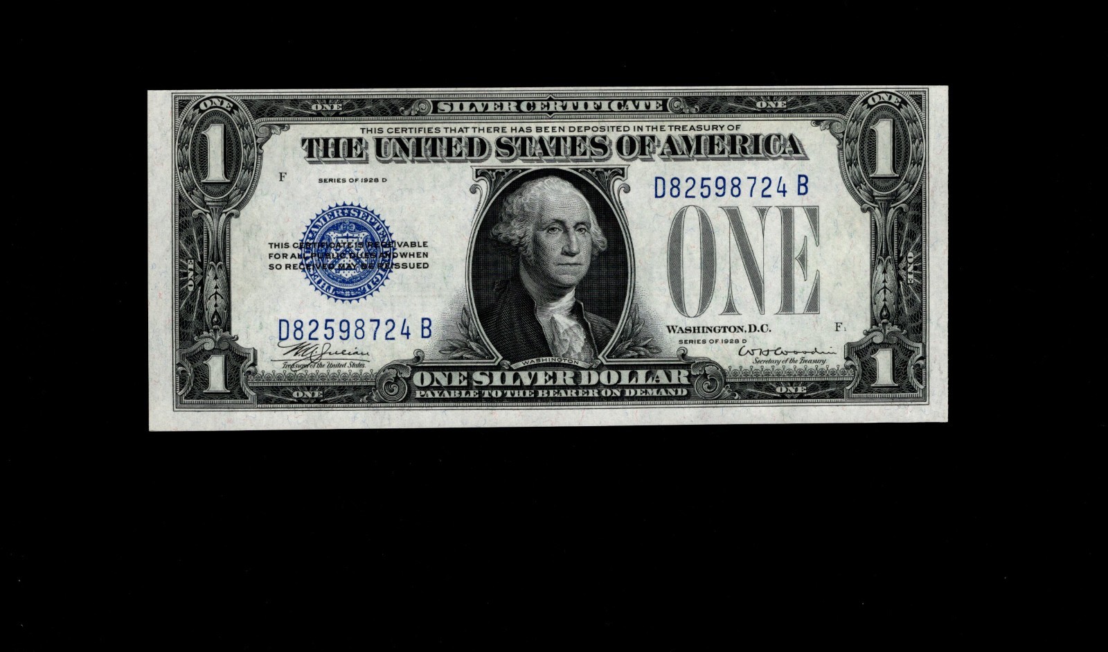 One Dollar Silver Certificate FR 1604 Funny Back 1928 D UNC with EPQ
