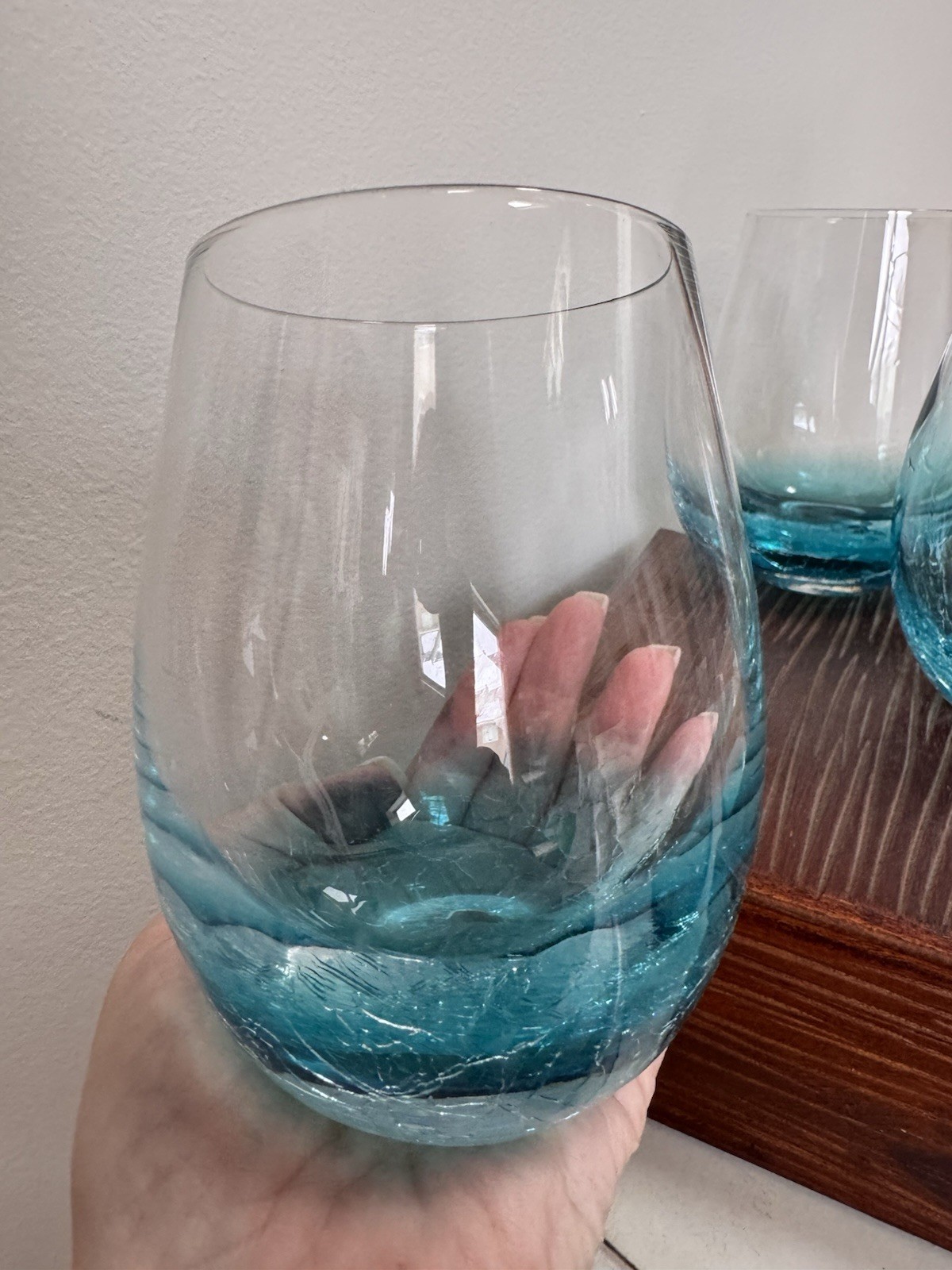 Vintage Teal Blue Pier 1 Crackle Glass Stemless Wine Glasses 5”