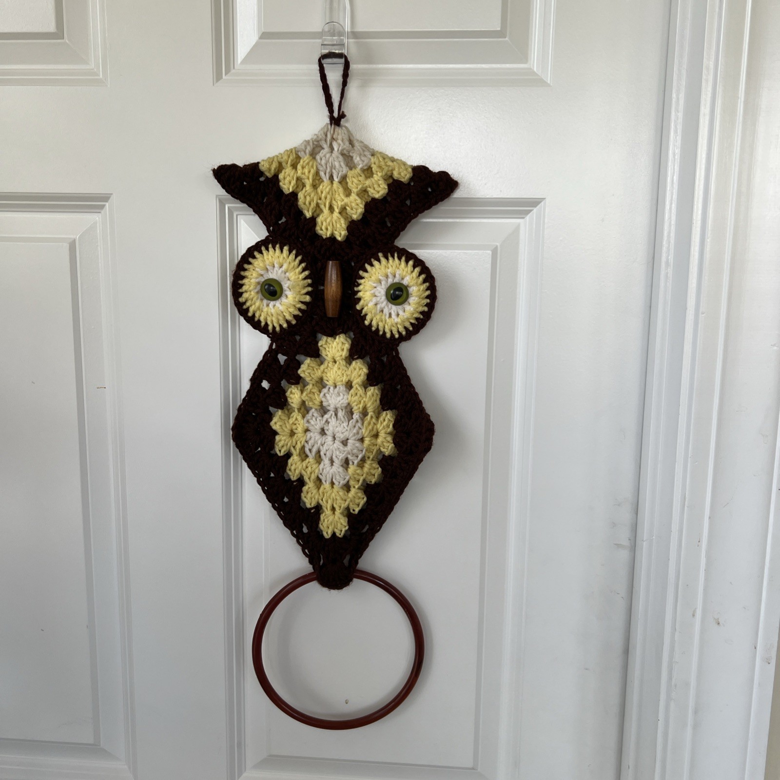 Retro 70s 80s Crochet Unique Green Eyes  Owl Wall Hanging Towel Hanger 23" Tall