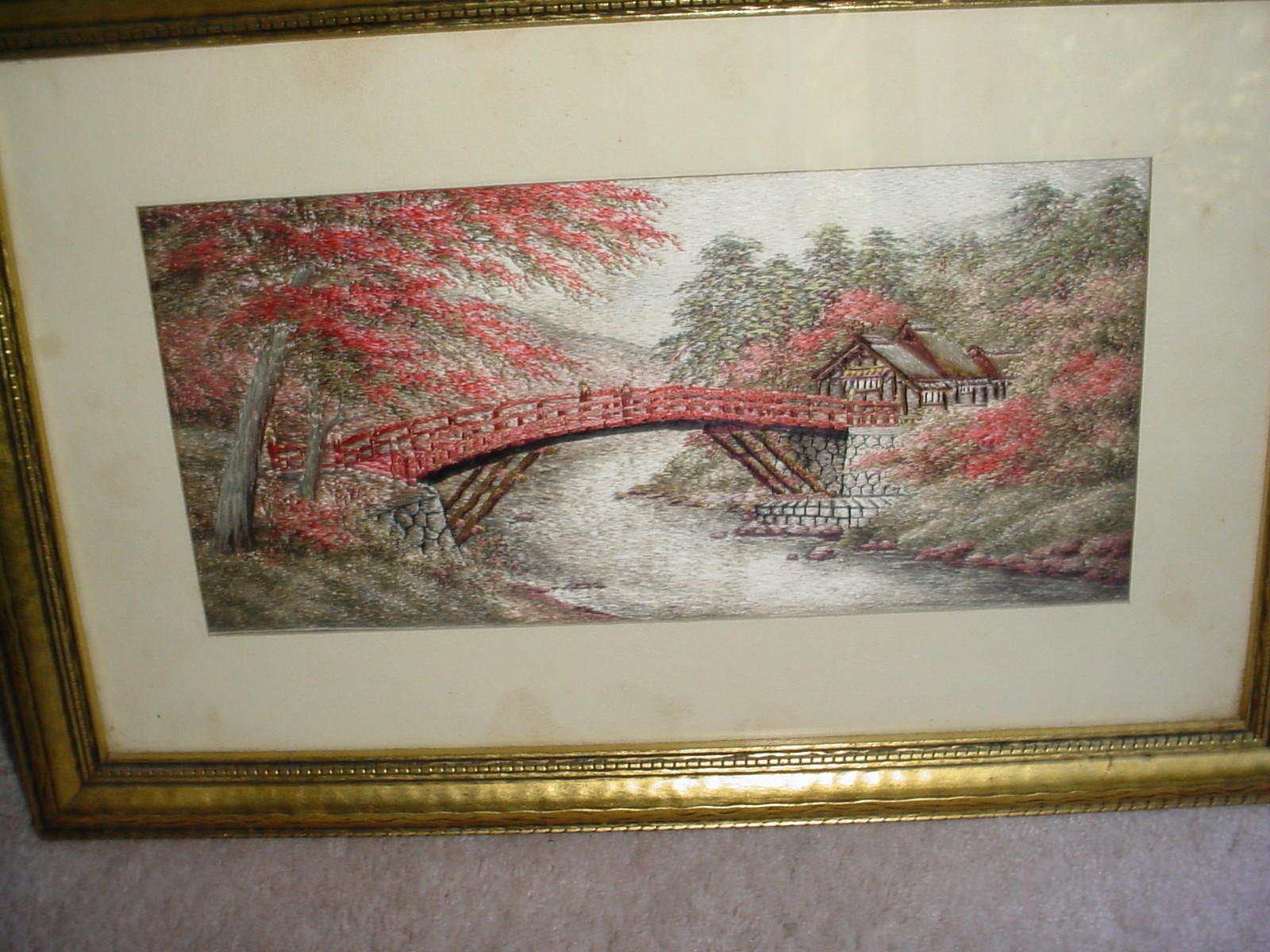 VINTAGE FRAMED JAPANESE SILK EMBROIDERED PICTURE BRIDGE RIVER AND LODGE