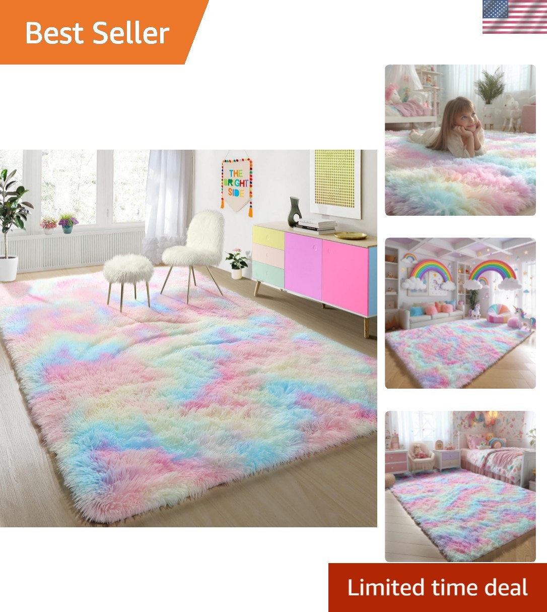 4x6 Rainbow Fluffy Soft Plush Area Rugs for Girls Bedroom, Shaggy Rugs for Ki...