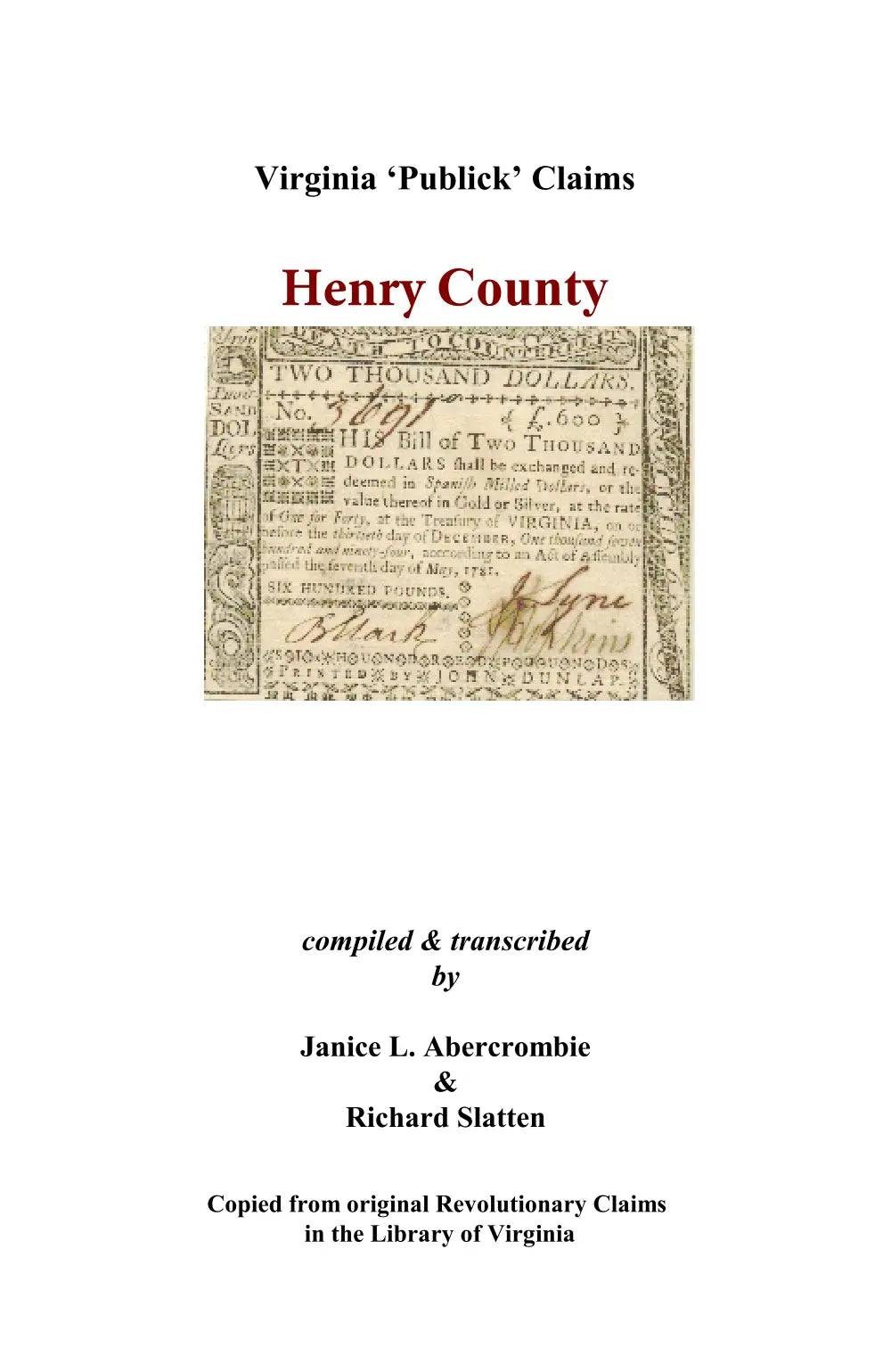 Henry County, Virginia Revolutionary Publick Claims GENEALOGY