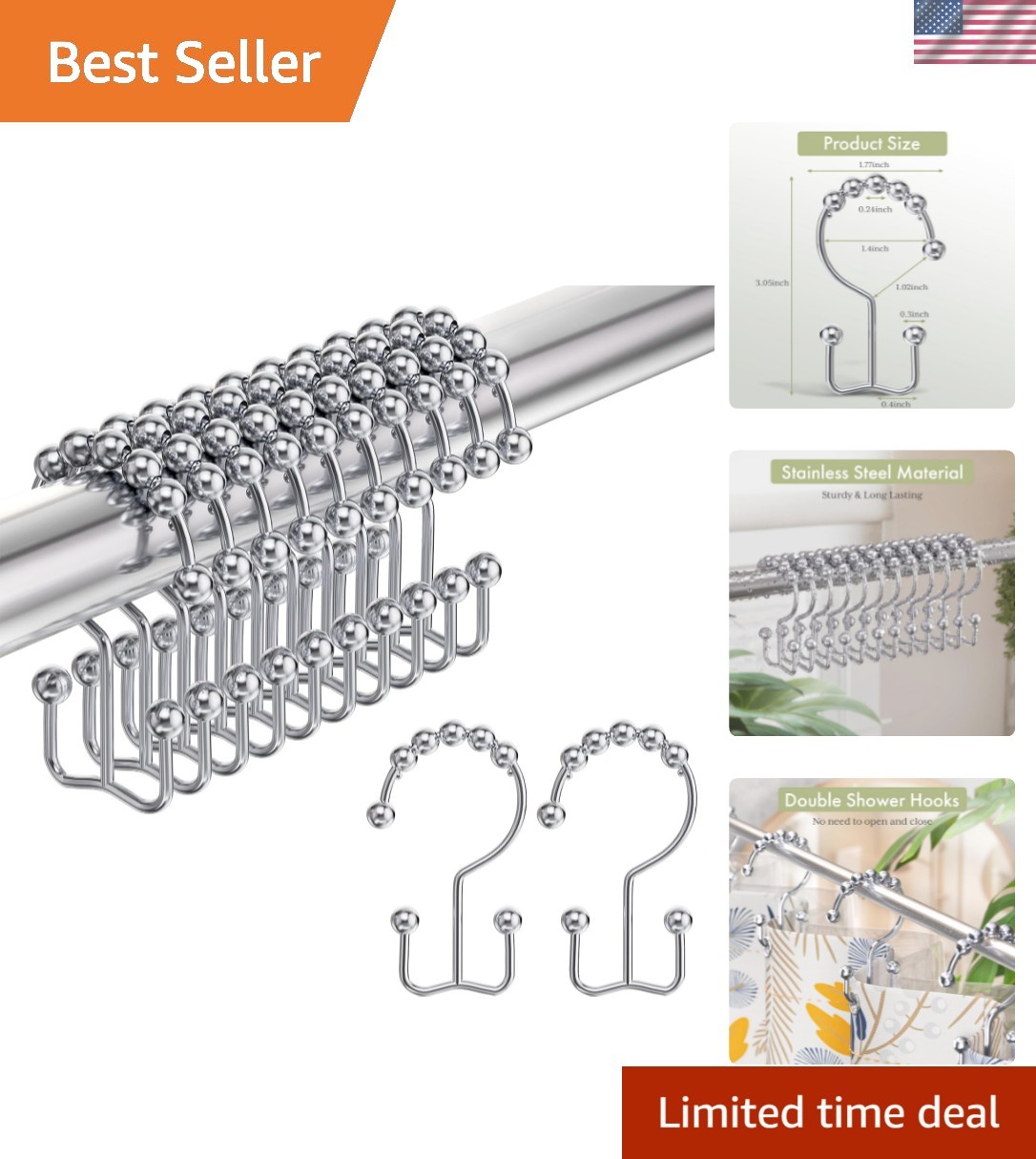 Shower Curtain Hooks Rings, Rust-Resistant Stainless Steel Double Shower Curt...