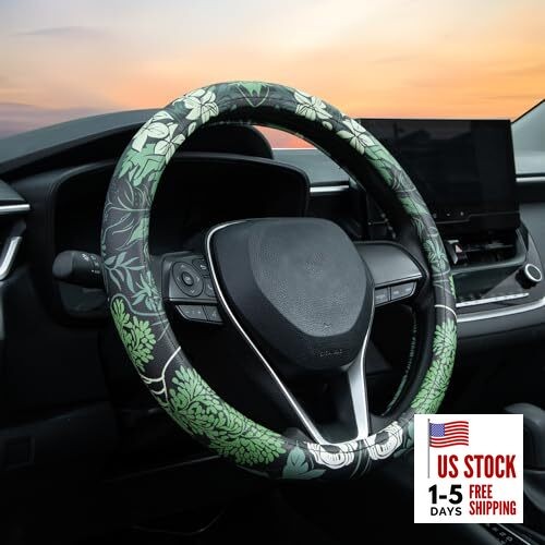 Steering Wheel Cover Auto Leather Steering Wheel 15 inch Sage Green Floral