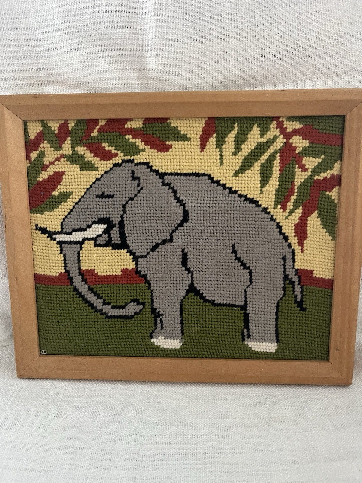 Vintage Needlepoint Elephant Wall Art Wooden Frame Cottage Grandma core 9”x11”