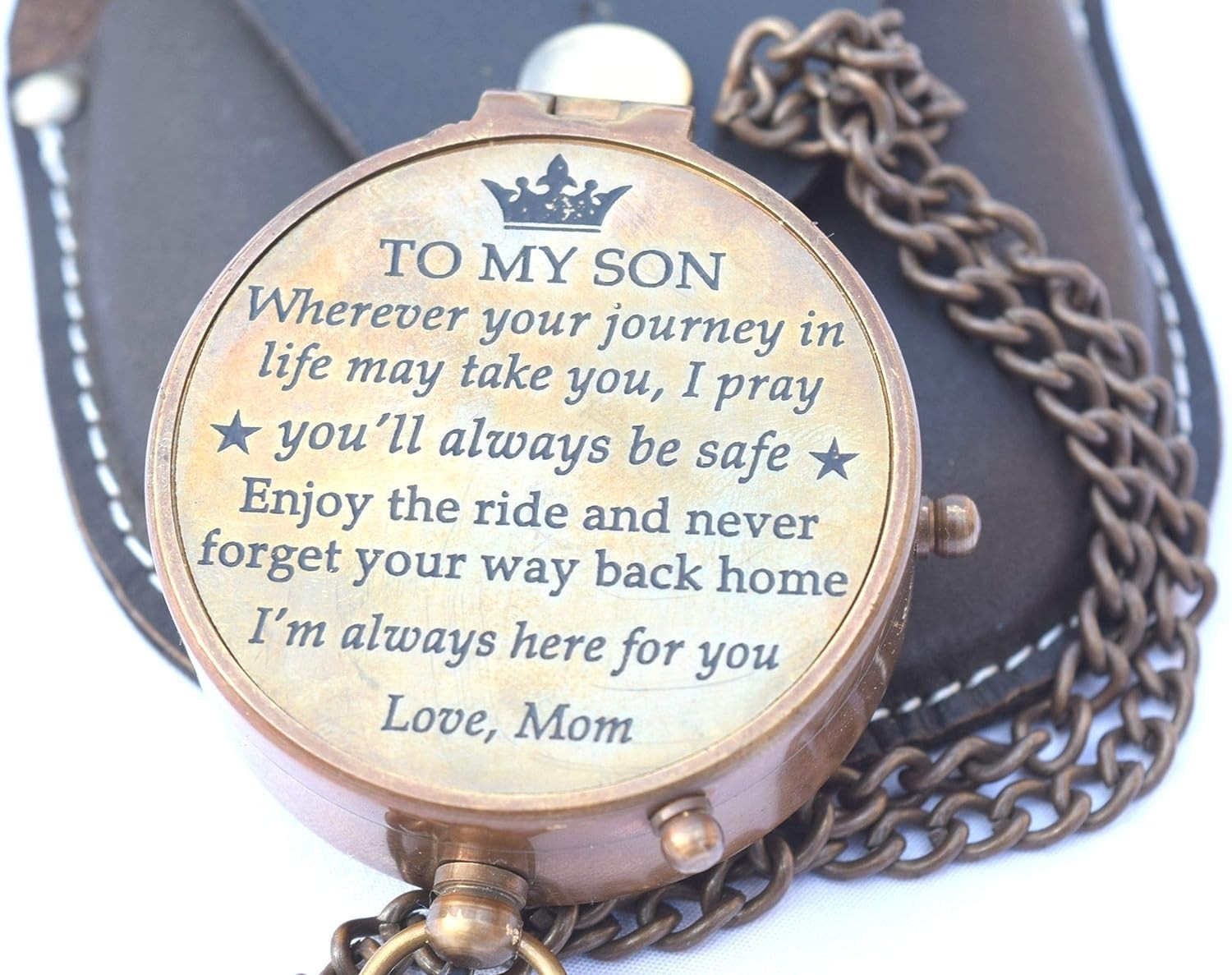 To My Son Brass Pocket Compass with Leather Box Nautical Gift from Dad