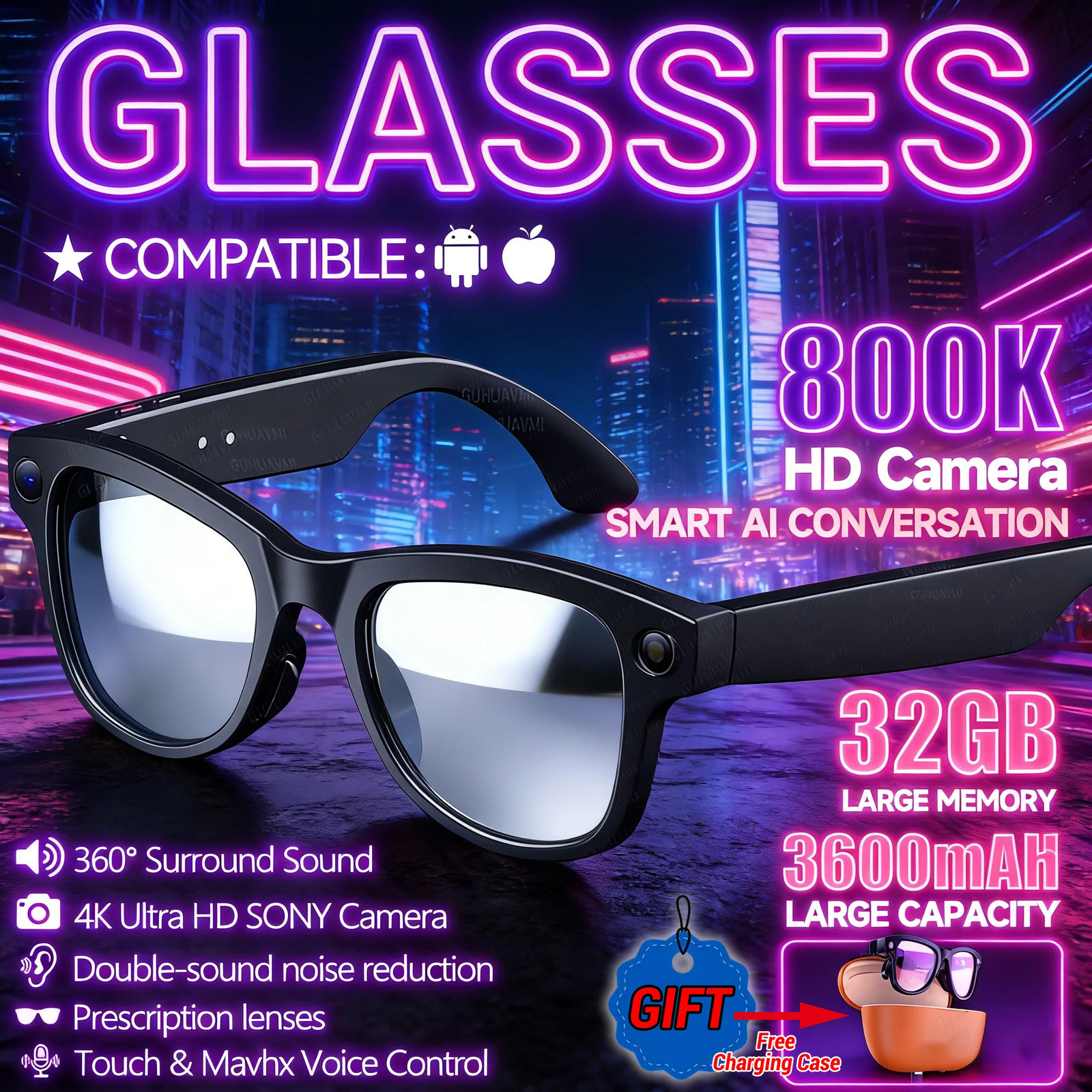 Camera Smart Glasses Video 120+language Translation Voice Assistant Music Player