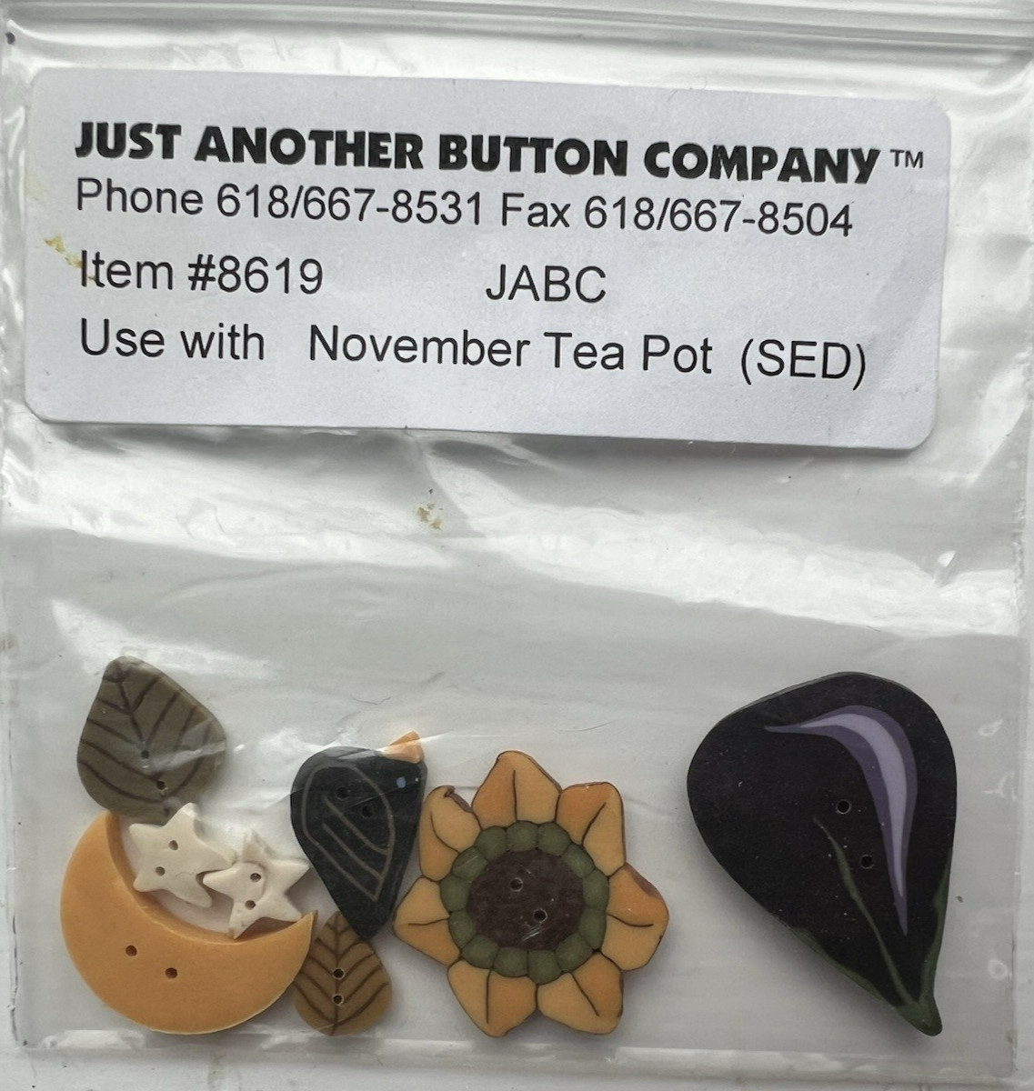 Just Another Button Company November Teapot Button Lot of 8 Sunflower Leaf Bird