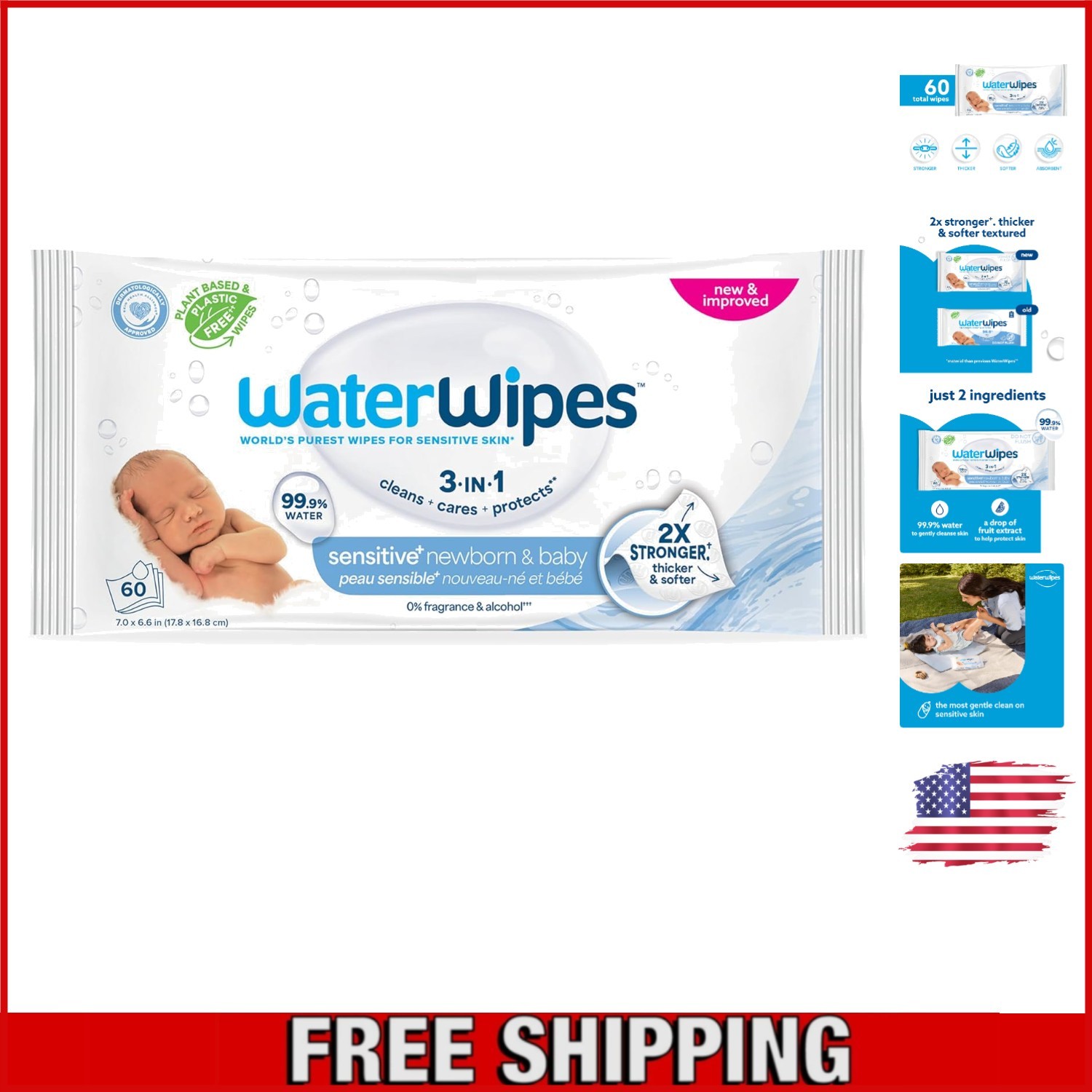 Unscented &  Baby Wipes - 60 Count, 99.9% Purified Water for Sensitive Skin