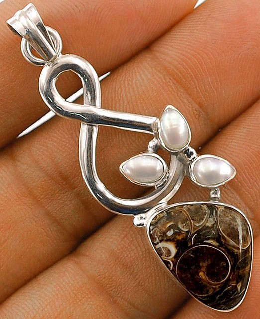 Natural Turtella Jasper & Pearl 925 Solid Sterling Silver Pendant 