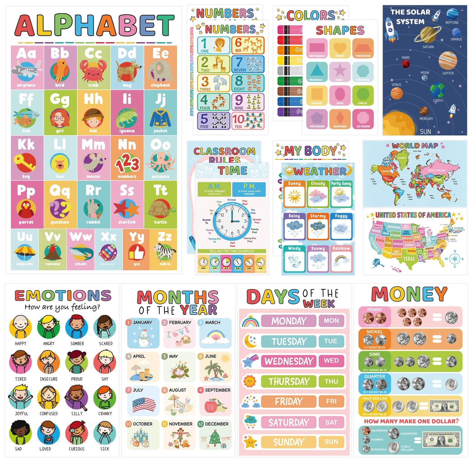 16 Educational Posters for Toddlers 1-3, Laminated Classroom Learning Posters fo