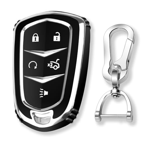  for Cadillac Key Fob Cover with Keychain Chrome Silver Trim Soft TPU Black