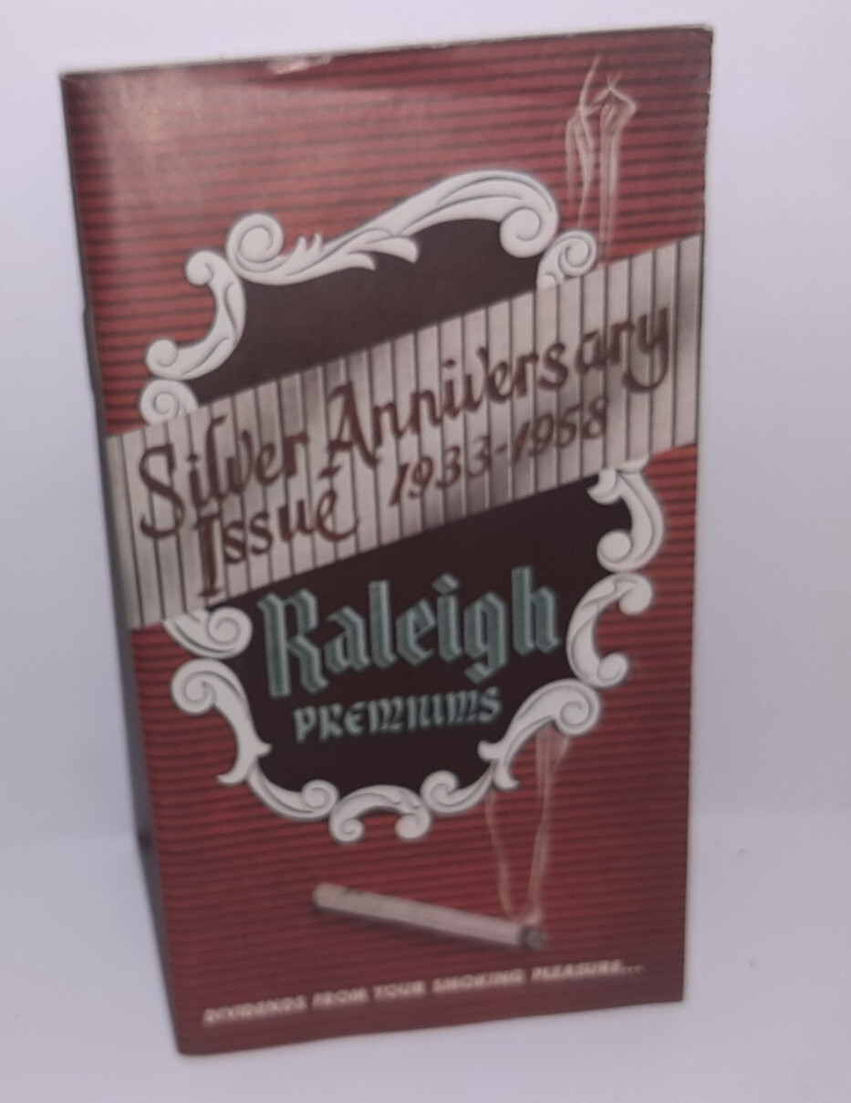 1958 Raleigh Cigarette Label Coupon Premium Catalog MCM Silver Anniversary