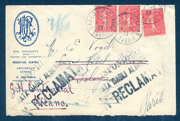 FRANCE 1927 HOTEL DU PAVILLON COVER TO ITALY REDIRECT