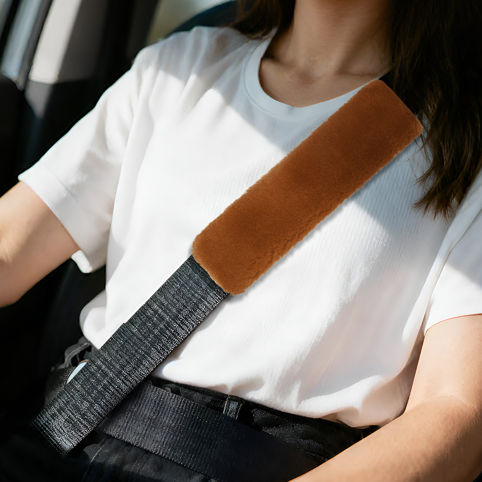 2 Pcs Car Seat Belt Cover Pad Soft Fluffy Seatbelt Cushion Red Brown