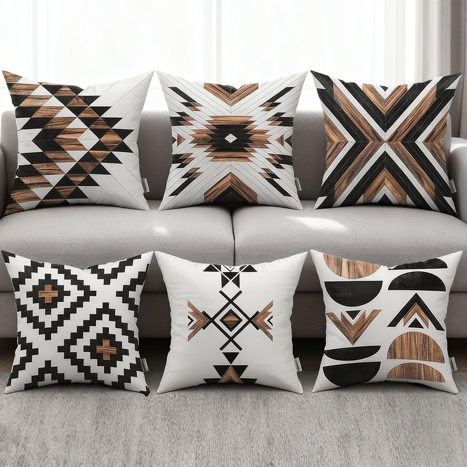 Aztec Throw Pillow Covers Set of 6,Rustic Southwestern Western Brown Wooden T...