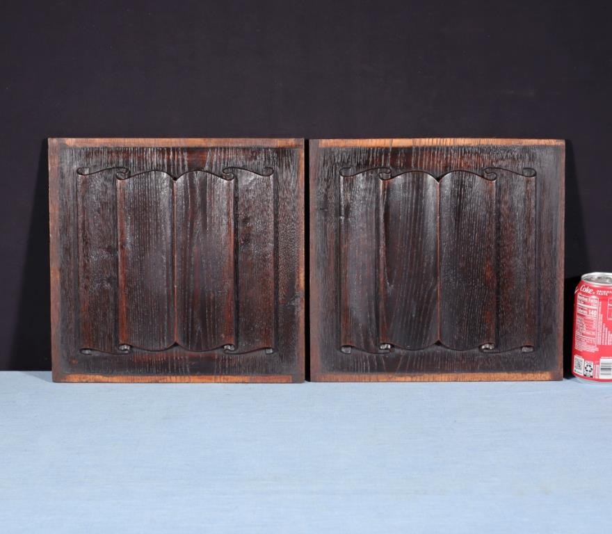 Antique Pair of French Gothic Revival Panels in Chestnut w/Linen Fold Carvings